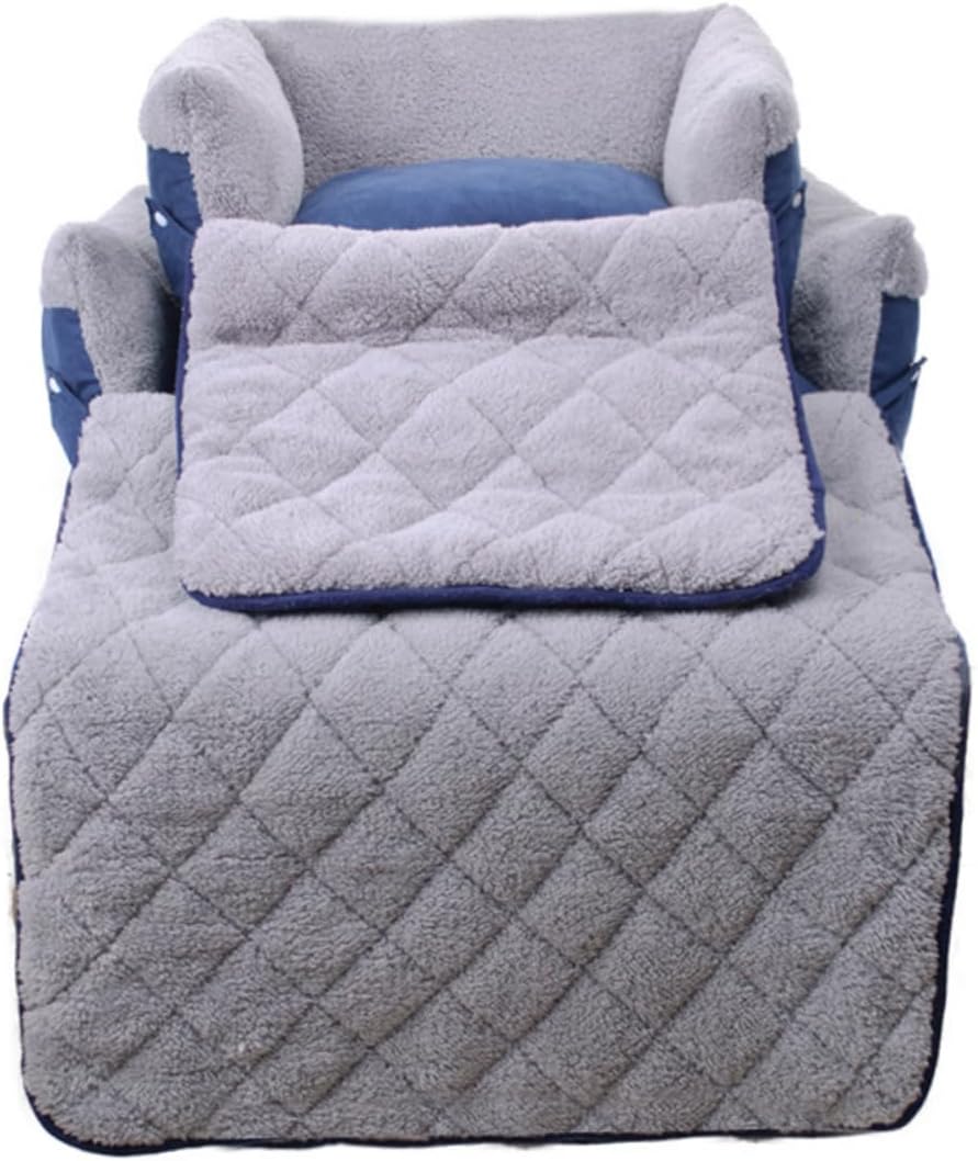 Sosoport Multifunctional Square Dog Sofa Bed Cozy Clamshell Kennel for Small Medium Dogs Non-Slip Bottom Washable Blanket Mat Blue Grey