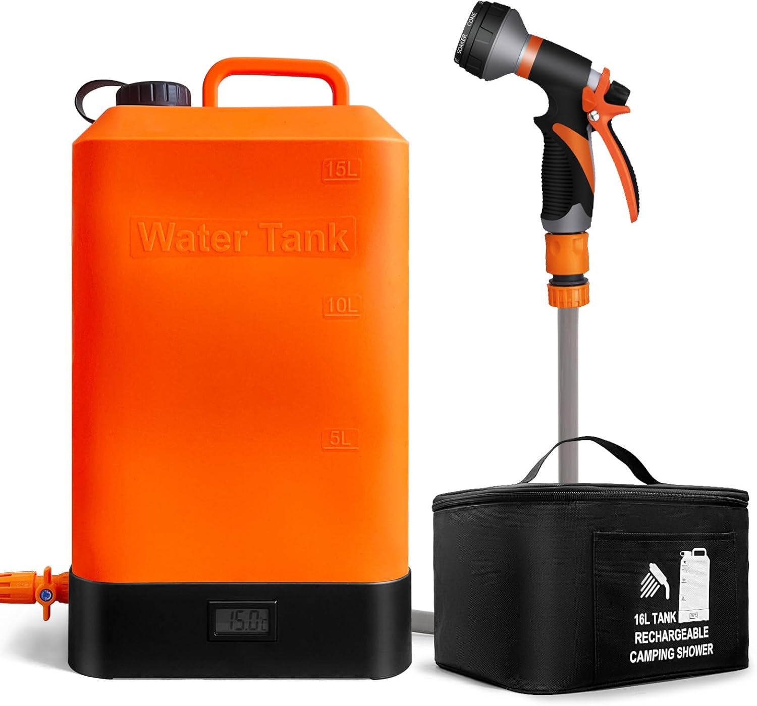 4.5 gallon/16L Silicone Water Tank,Portable Outdoor Shower,Electric Shower,8 Types of Multifunctional Shower Heads,Using Solar Heating Temperature Display,Suitable for Camping,Beach,and Hiking