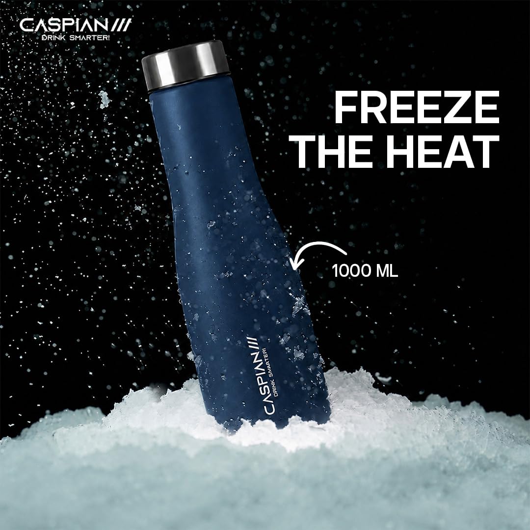 CASPIAN /// Aqua Customised Stainless Steel Water Bottle 1L, Blue with Logo Print - Personalised Water Bottle with Your Name Print for Kids Boys Girls School Office Gym- Perfect for Corporate Gifting 1