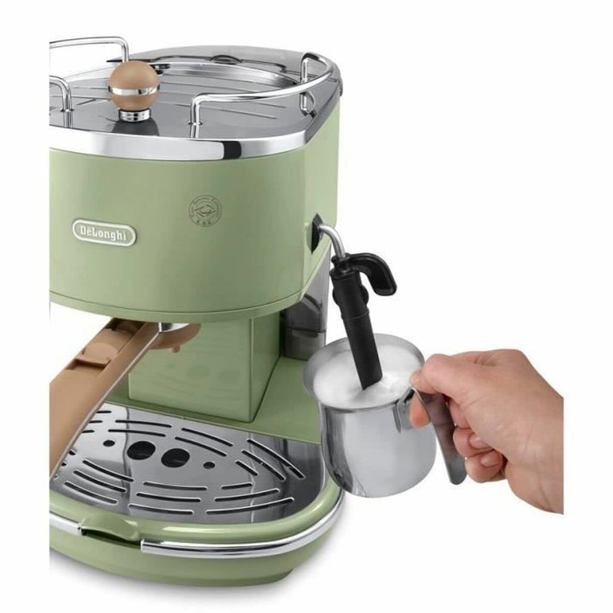 De'Longhi Icona Vintage ECOV 311.GR Espressomaschine Siebträgermaschine Retro-Look manueller Milchaufschäumer Kaffeepulver ESE Pads 1,4 l Wassertank grün