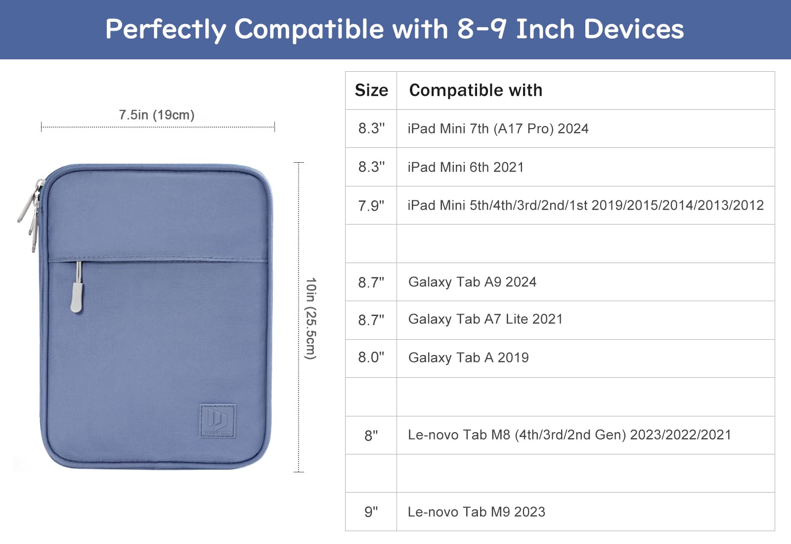 Dadanism 8-9" Tablet Borsa per iPad Mini 7/6 8,3" 2024/2021, iPad Mini 5/4/3/2/1 7,9", Galaxy Tab A9/Tab A7 Lite 8,7"/Tab A 8,0", Tab M8 8", Tab M9 9" 2023, Blu
