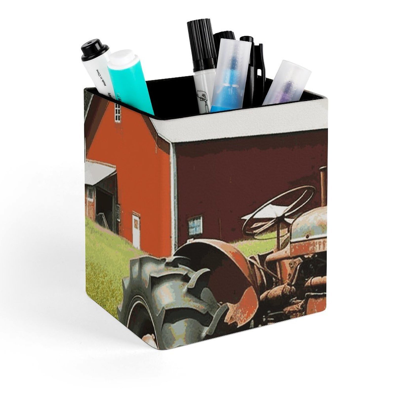 DWVTSLH Aesthetic Pen Holder for Desk - Modern Leather Pencil Holder - Stylish Square Makeup Brush Holder - Company Farm Tractor Pen Cup Cute And Functional Desk Organizer for Office Supplies