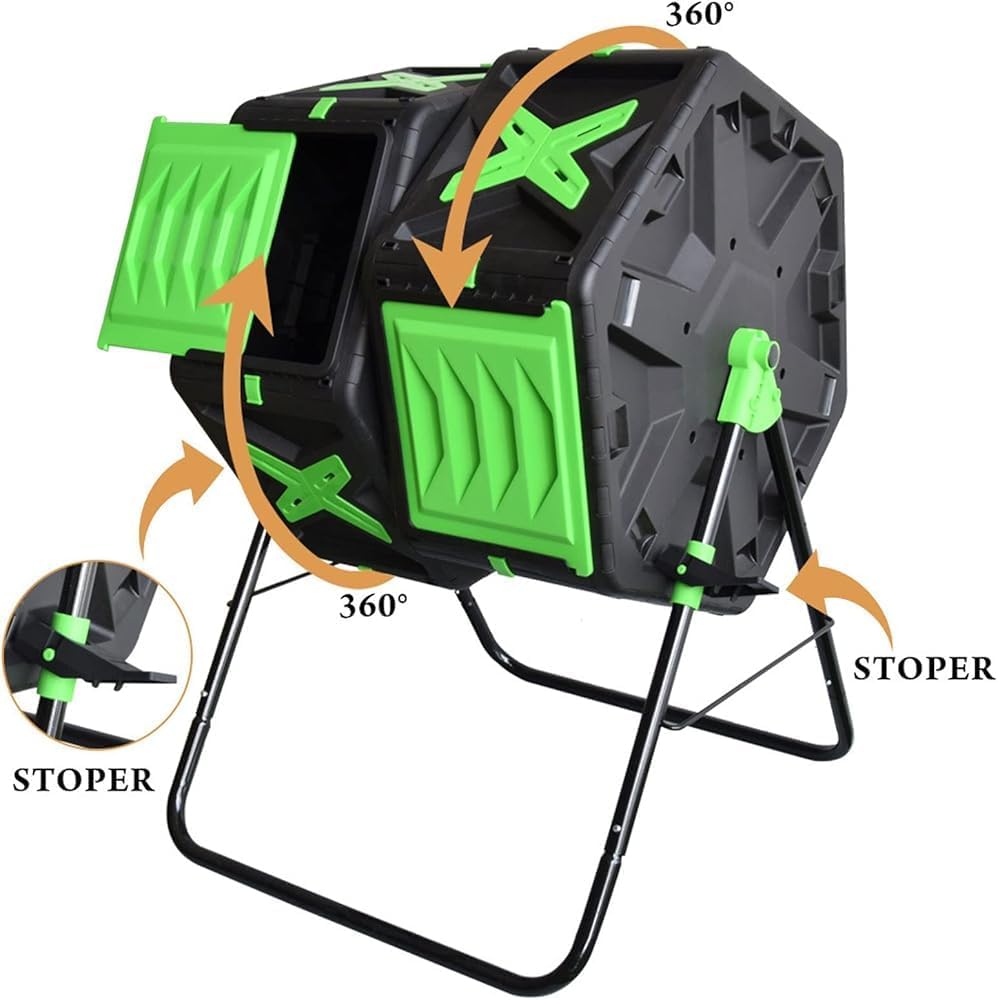 Kitchen Compost Bin, Large Dual Chamber Compost Tumbler, Easy-Turn, Fast-Working System, All-Season, Heavy-Duty, High Volume Composter with 2 Sliding Doors,Indoor Compost Bin with Lid