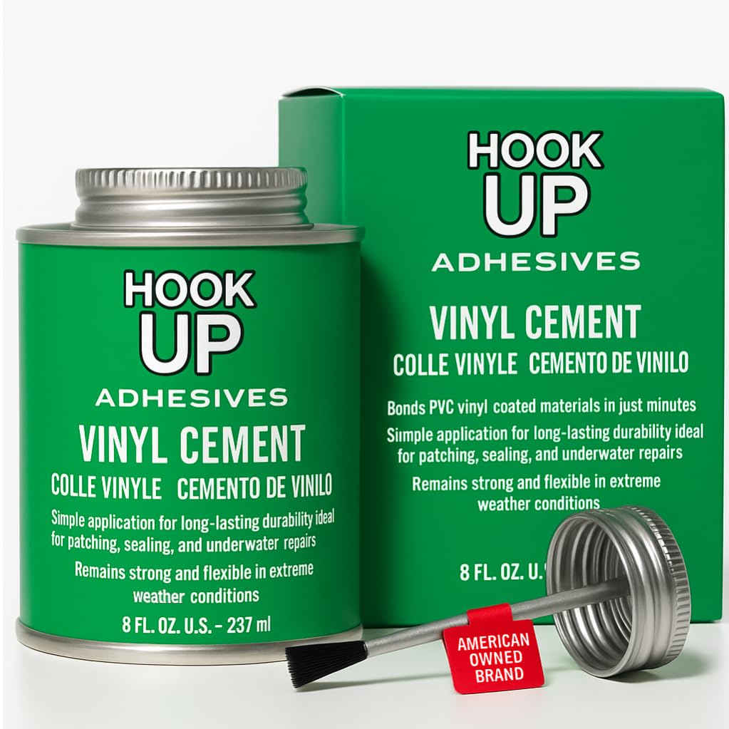 HOOK UP Vinyl Cement 8oz — Waterproof Pool Liner Repair Glue, Fast-Drying PVC Adhesive for Inflatables, Air Mattresses, Tarps, Hot Tubs & Boats | Built-in Brush, Flexible Bond, Clear Finish