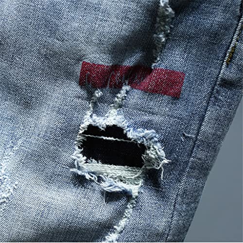 Jean denim ajusté bleu clair pour homme silhouette mince avec patchwork durable