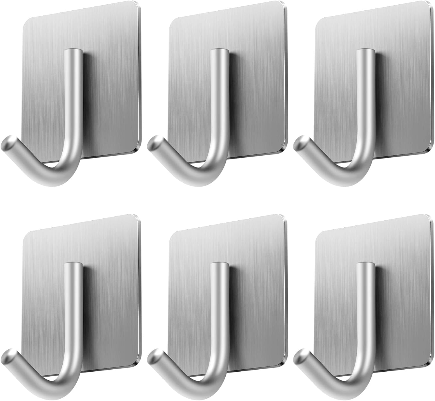JIALTO 6 pcs Self-Adhesive Stainless Steel Hooks: Heavy-Duty Wall Hangings, Waterproof & Drill-Free - Strong Towel, Coat, and Kitchen Hooks for Bathroom and Kitchen (Under j Hook Silver)