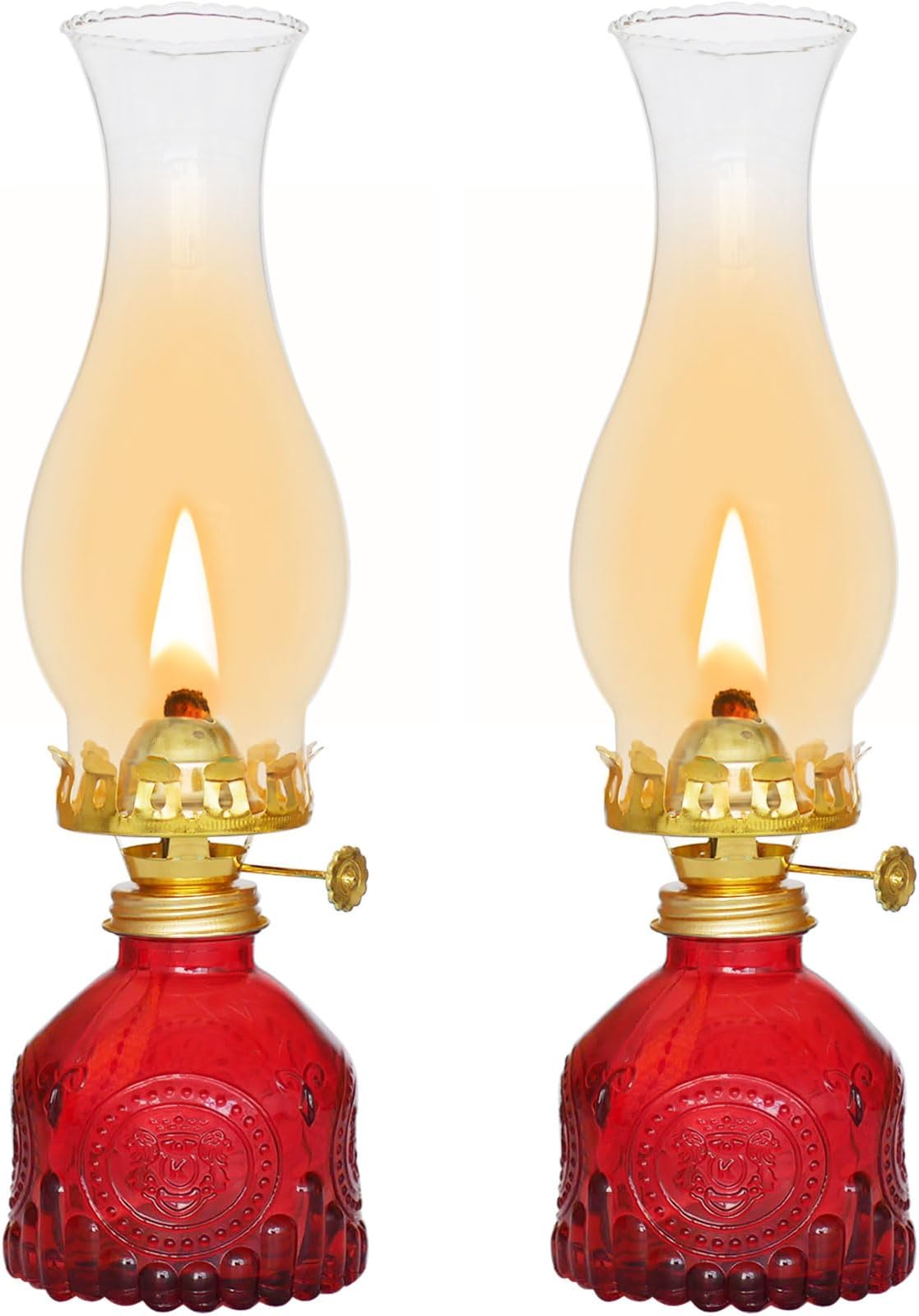 Glass Oil Lamp 2Pack, Oil Lamps for Indoor Use - 11"x3" Red Antique Kerosene Lamp, Outdoor Oil Lamp, Beautifully Carved Vintage Oil Lamp for Home Decor, Tabletop, Emergency Lighting & Props
