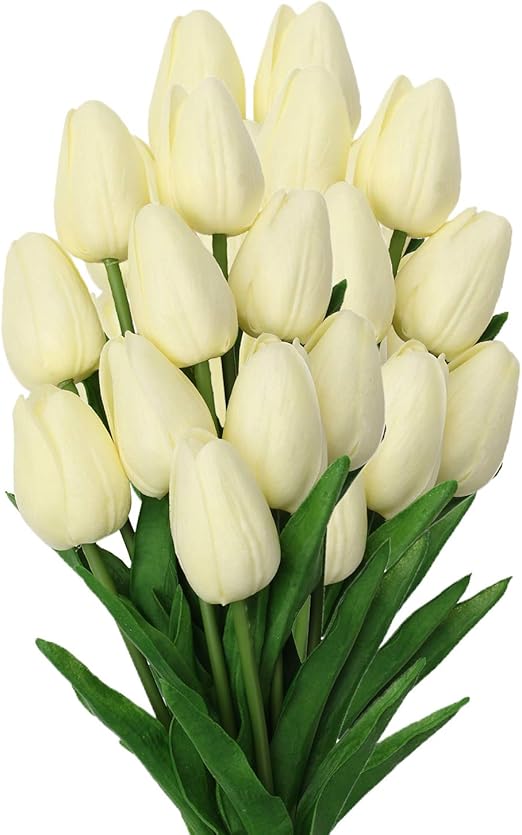 20 Pcs Cream Tulips Artificial Flowers Real Touch Fake