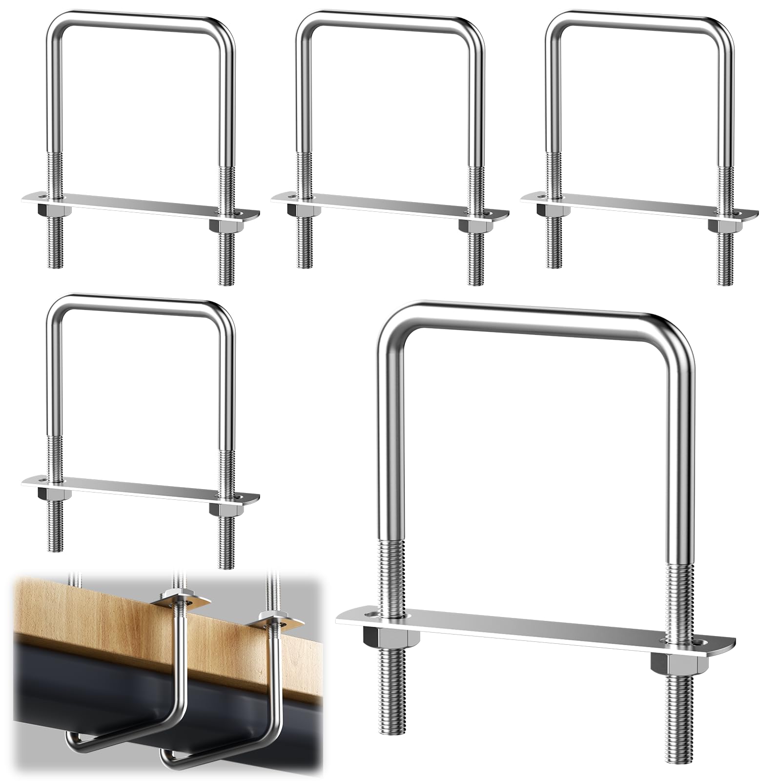 5 Staffe A U M8 In Acciaio Inox 70x110 Mm - Per Box Tetto Auto, Tubi, Supporti, Traino, Con Dadi E Rondelle