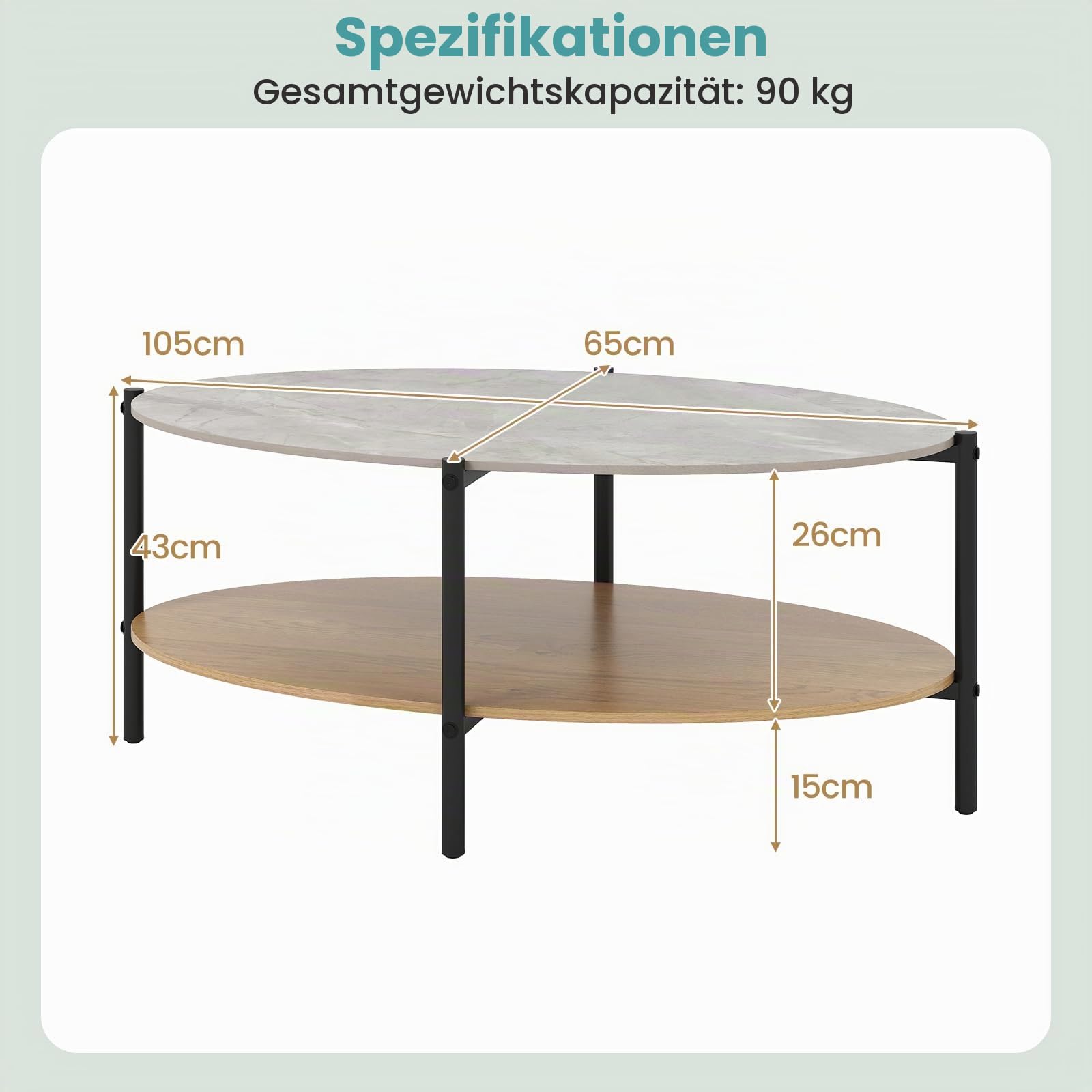 LIFEZEAL Couchtisch Marmor, Ovaler Wohnzimmertisch mit Marmorplatte, Moderner Kaffeetisch Sofatisch mit robustem Metallrahmen, 105 x 65 x 43 cm