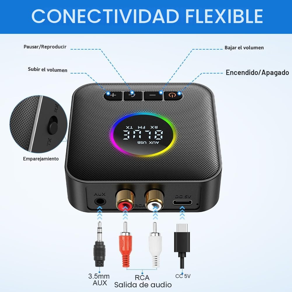 AXFEE USB Bluetooth 5.4 HiFi Receptor y Transmisor Adaptador 2 en 1, Salidas 3.5mm Jack y RCA,con Modo de Graves, para Estéreo/Altavoz/Teléfono/PC/Tableta/Portátil