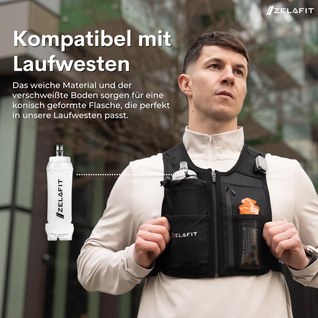 ZelaFit® 2x Faltbare Trinkflasche 500 ml, Soft Flask Trinkbeutel für Laufen & Trailrunning, Leichte Laufflasche mit Beißventil, BPA-frei und Auslaufsicher, Faltflasche