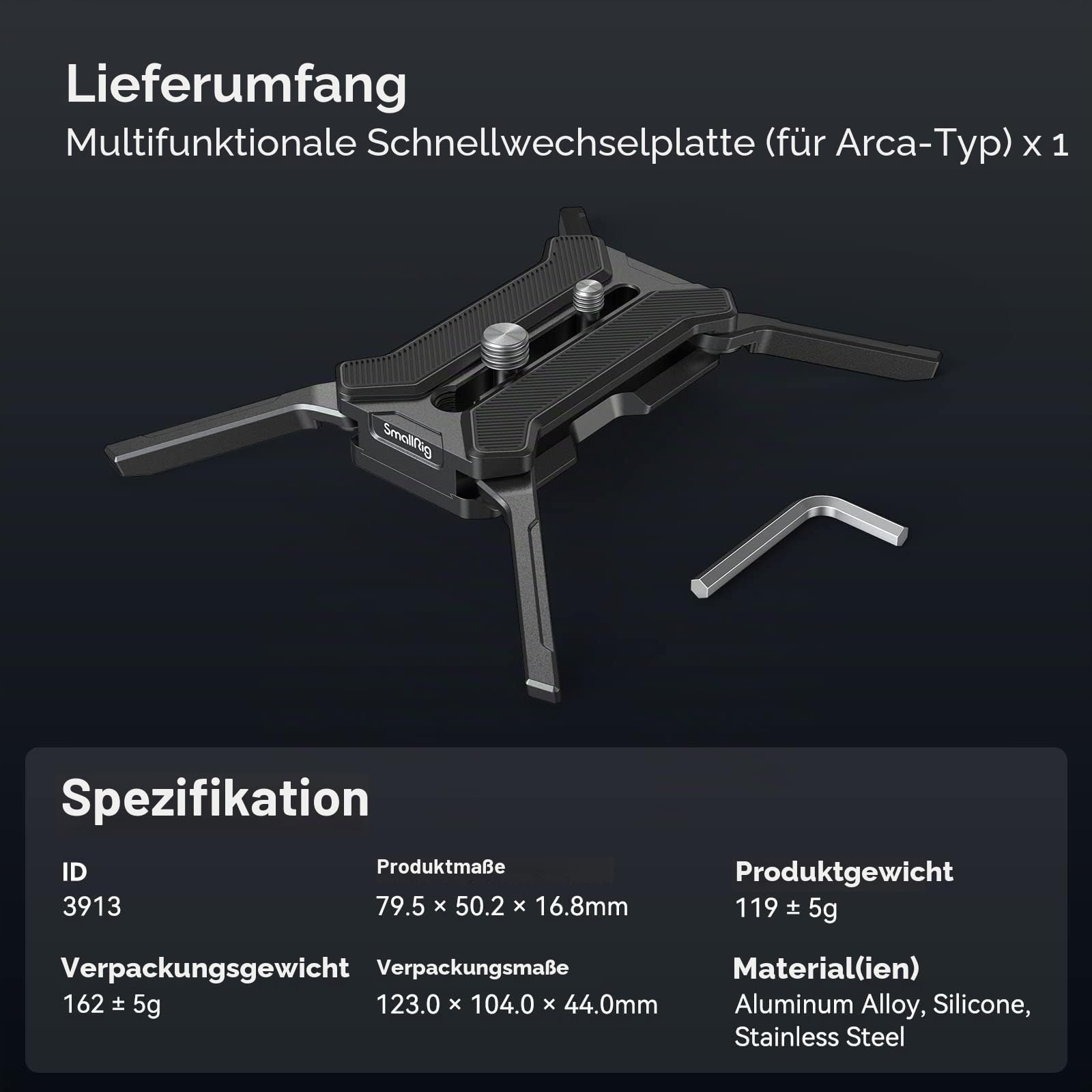 SMALLRIG Quick Release Plate Schnellwechselplatte für Arca-Typ, max. Belastbar mit 44,1lb/20kg, Faltbare Vierfüßige Halterung für Kameraobjektive Innerhalb von 5,9 Zoll/15cm - 3913