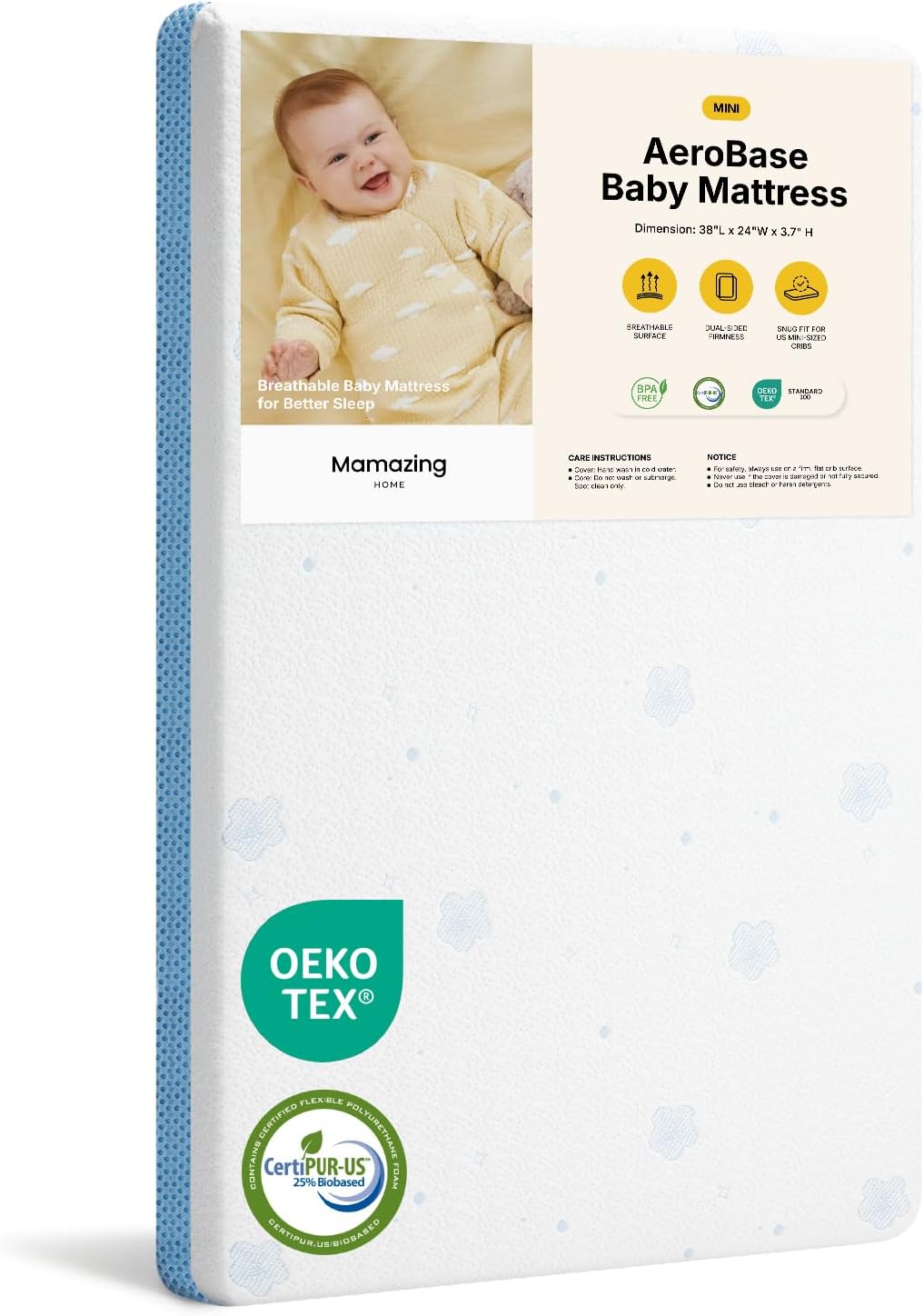 MAMAZING Aerobase Mini Crib Mattress 38x24 - Breathable 2-Stage, GREENGUARD Gold Certified, Non-Toxic, Waterproof, Machine Washable Cover