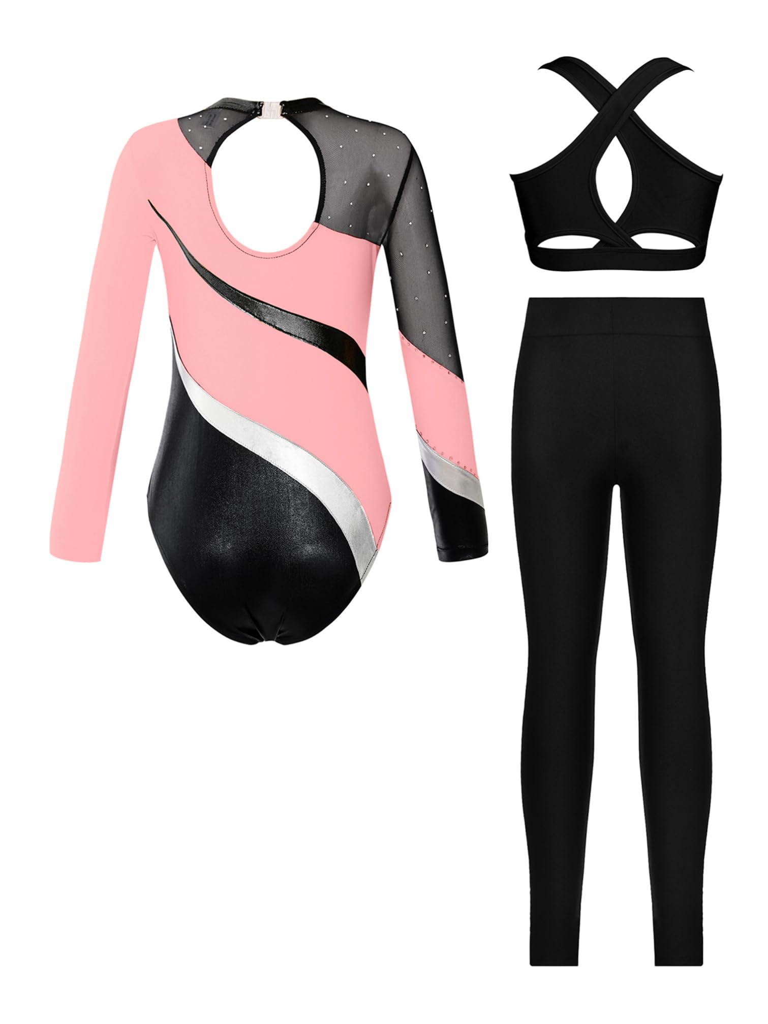 iiniim Tuta Brillante Da Balletto Per Bambina Body Da Ginnastica Ritmica A Maniche Lunghe + Leggings Lunghi + Gilet Tuta Da Pattinaggio Artistico Da Competizione