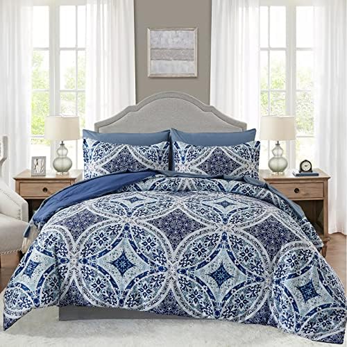 Blue Boho King Comforter Set 7 Pieces, Bohemian Bed in a Bag King Size with Reversible Comforter, Flat Sheet, Fitted Sheet, Pillowcases and Shams, All Season Warm Lightweight Boho Bedding Complete Set