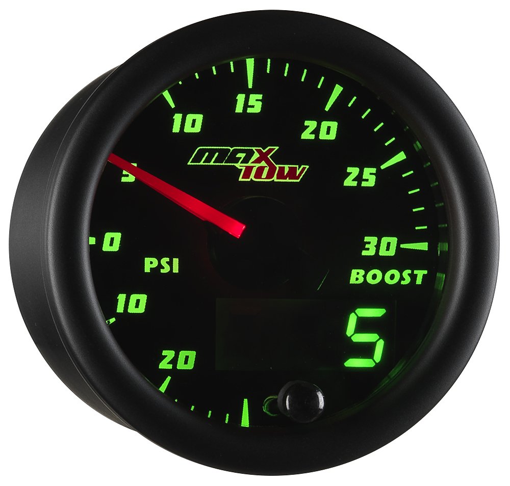 MaxTow Double Vision 30 PSI Turbo Boost / Vacuum Gauge Kit - Includes Electronic Pressure Sensor - Black Gauge Face - Green LED Dial - Analog & Digital Readouts - for Gas Trucks - 2-1/16" 52mm