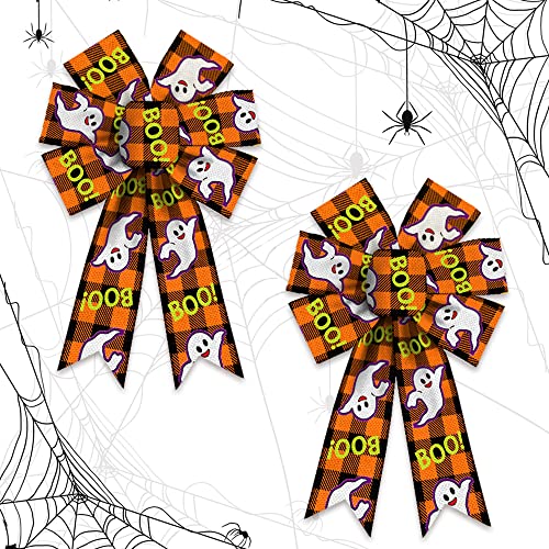2PCS Halloween Wreath Bows Halloween Decor Bows Ghost Boo Buffalo Plaid Burlap Linen Bows for Wreath Halloween Fabric Ribbon Bows for Home Party Indoor Outdoor Decoration Wreath Ornament Supplies