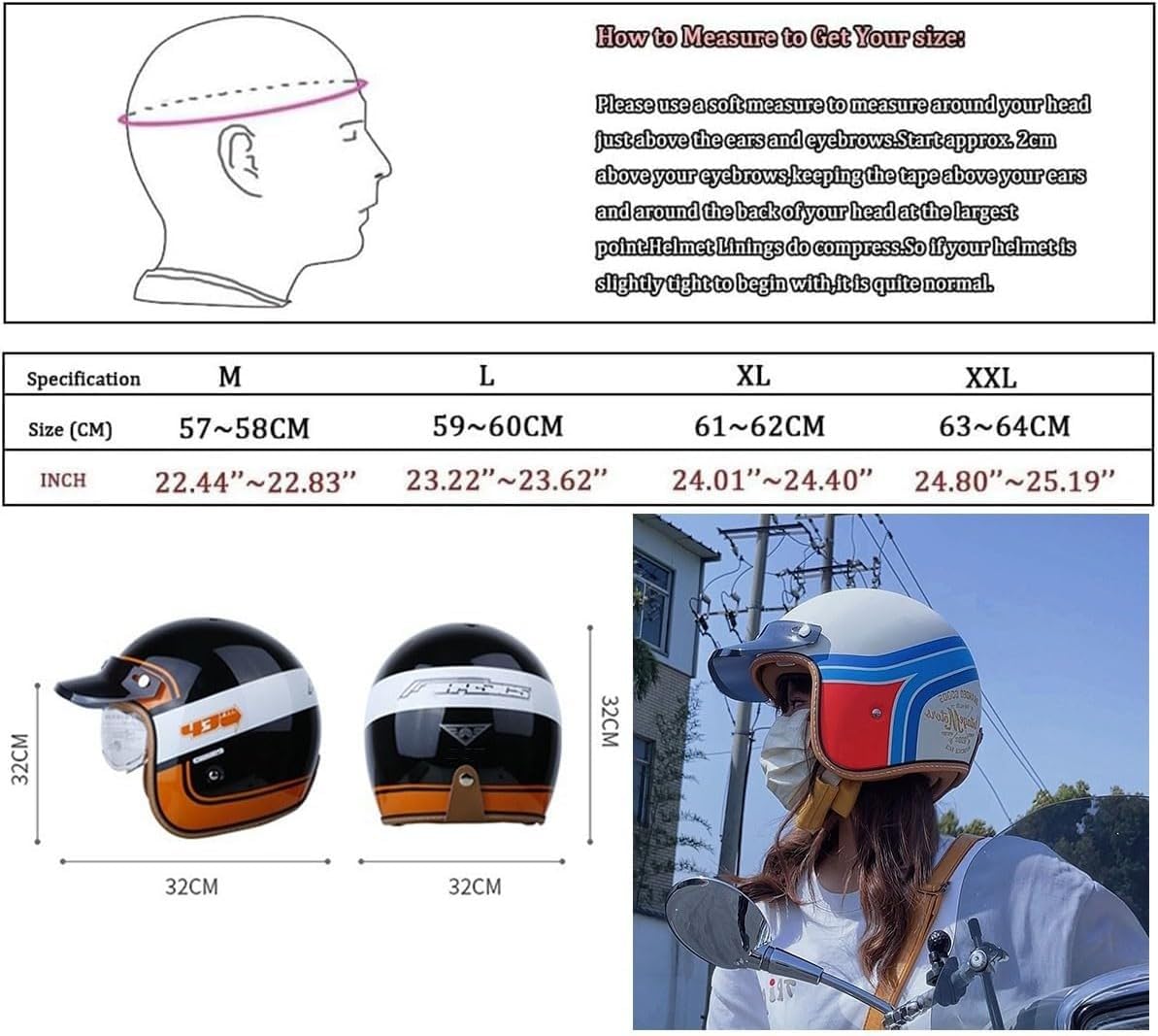 Media Casco De Motocicleta Vintage Casco Abiertos con Visera Solar 3/4 Casco Moto Jet Alemán Estilo ECEDOT Homologado Cascos Half-Helmet para Hombres Y Mujeres