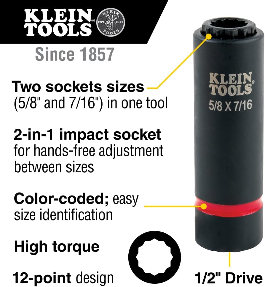 Klein Tools 66012 2-in-1 Impact Socket with 12-Point Deep Sockets, Coaxial Spring Loaded in 5/8- and 7/16-Inch Sizes