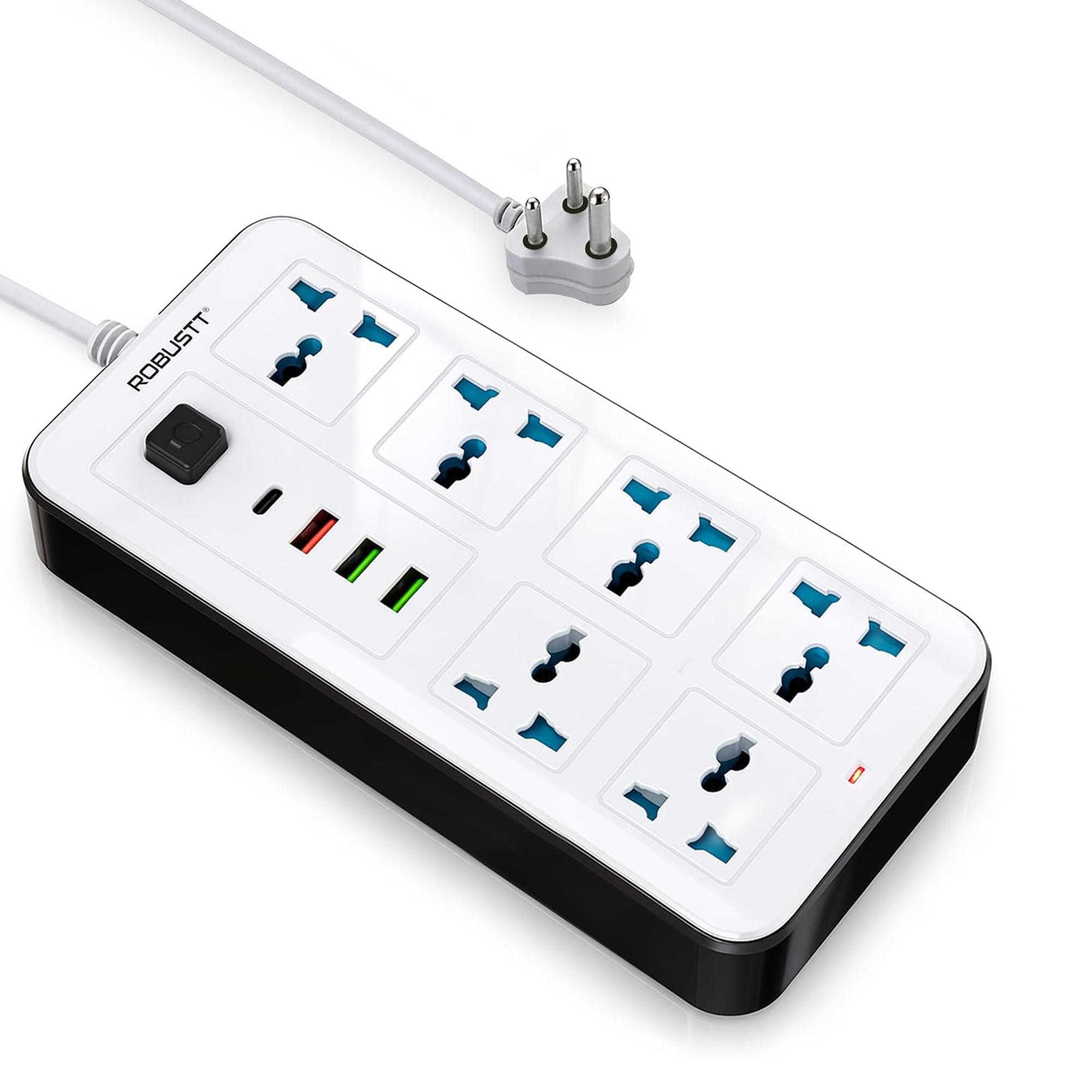 Robustt 6‑Outlet Extension Board with 3 USB & 1 Fast Charging Type-C Port | 1.7 m Cable | Wall Mountable Extension Board with On/Off Switch | 2500W Multi Plug Extension Cord for Home & Office-image-28