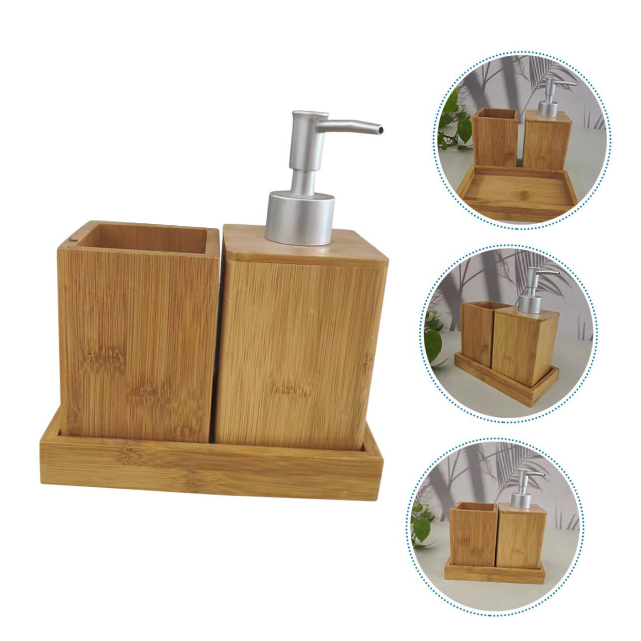 GLEAVI Set Di Accessori Per Bagno in Bambù, Dispenser Di Sapone Per Mani e Porta Spazzolino Da Denti Base, Contenitori Multiuso Per Uso Domestico Bagno e Lavabo