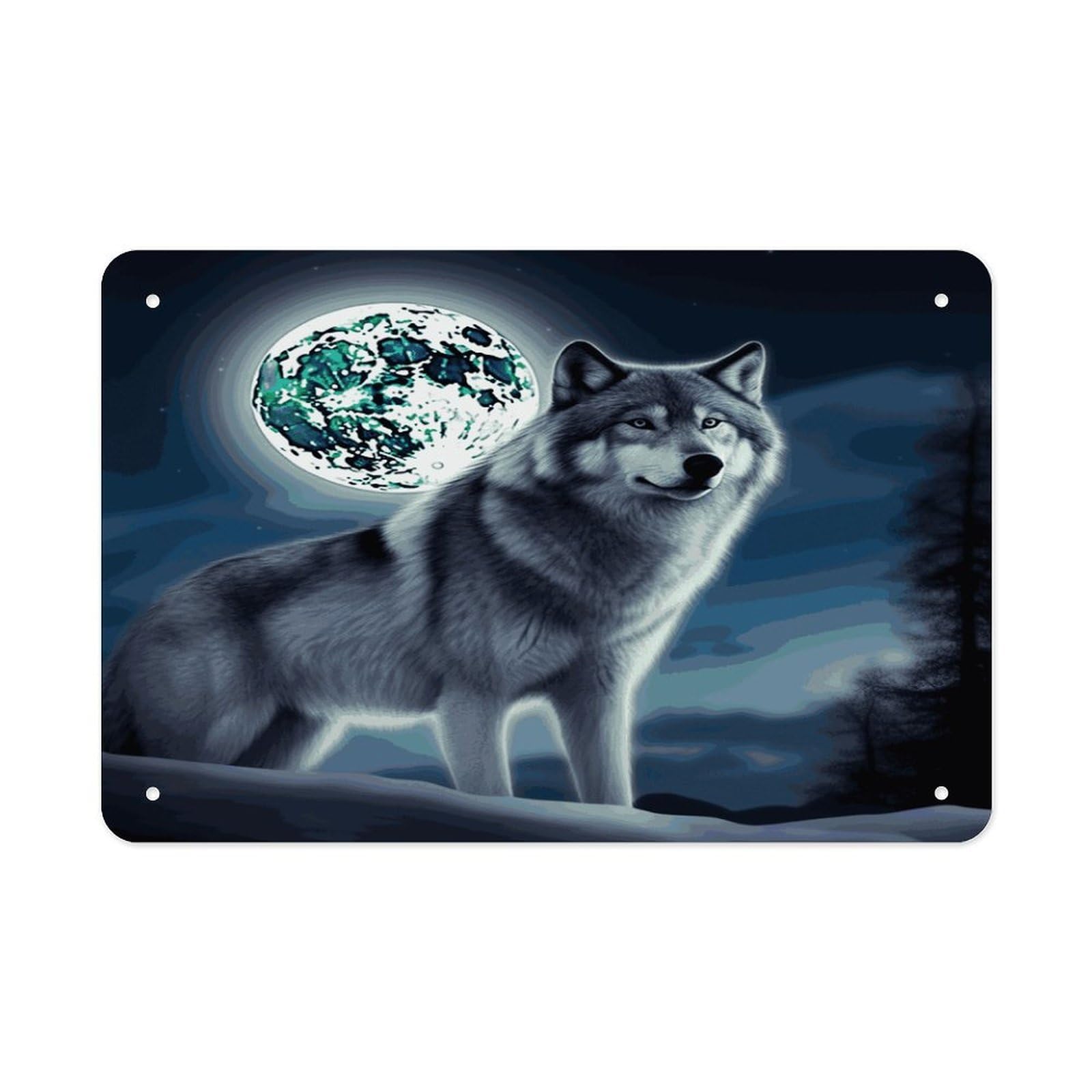 LDGSUPH Wolf Under Moon Metal Tin Sign Wall Art Prints Folded Edge Iron Sheet Painting with Holes for Wall Prints Decorative Picture Metal Signboard Decor Painting Wall Decor