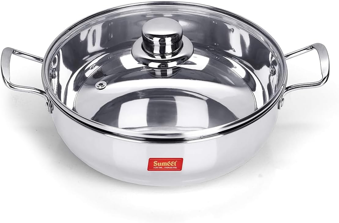 Sumeet Stainless Steel Induction Bottom (Encapsulated) Kadhai with Glass Lid Size No.12 (1.9 L) Kadhai 22 cm