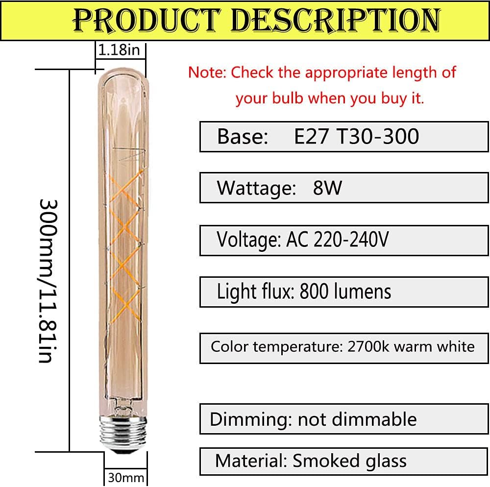 OUKAIDE E27 T30-300 8WLED Edison Bulb Vintage Light Bulb E27 Led Filament Bulb - Image 3