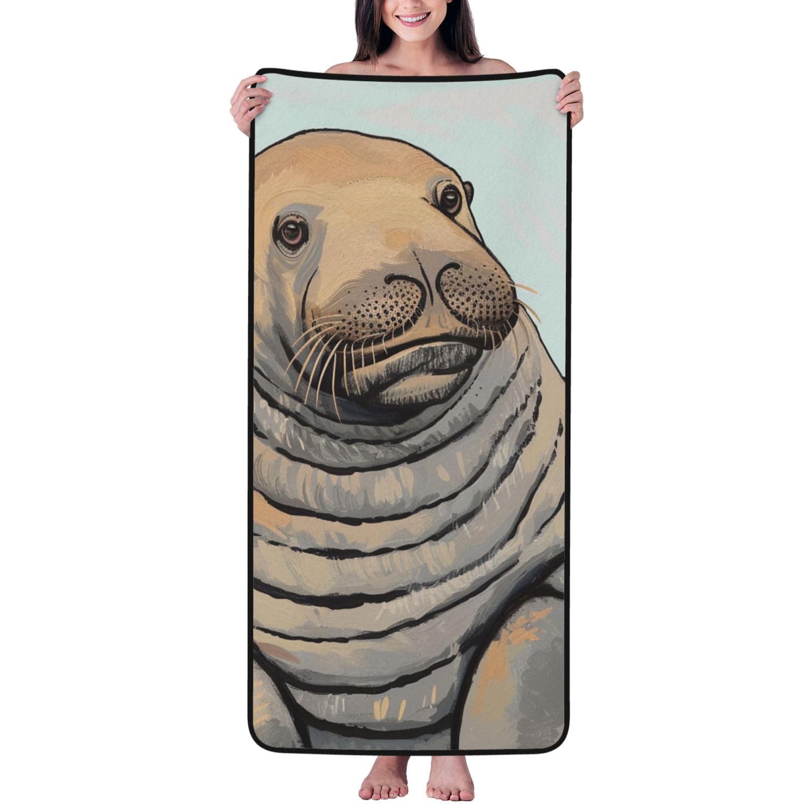 WPKJU Walrus Art Printed Bath Towel with Black Edging - 27x55 in Soft Extra Absorbent Coral Velvet Shower Towels for Bathroom
