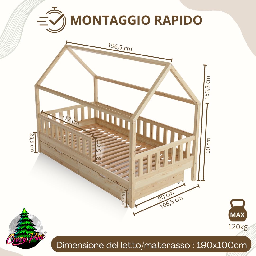 Letto Casetta con Cassetti 190x100cm – Legno Naturale con Barriera – Design Scandinavo Letto Montessori a Pavimento con Piedini Regolabili in Altezza - Crazy Blanco