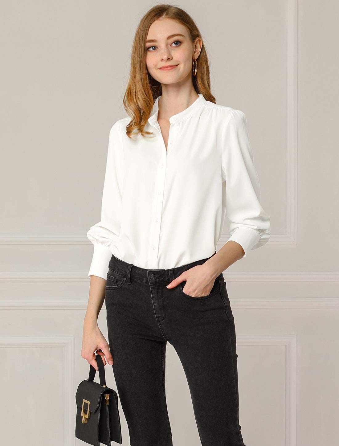 Allegra K Haut de bureau boutonné à manches longues et col mandarin pour femme
