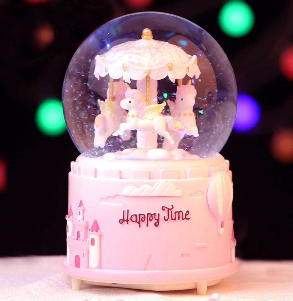 Girls Musical Snow Globe Crystal Ball Merry Go Around Snow Music Box Rotating Musical Box with Colorful LED Light Melody Musical Gift Artware Christmas New Year Birthday Gift For Kids Bedroom Decor