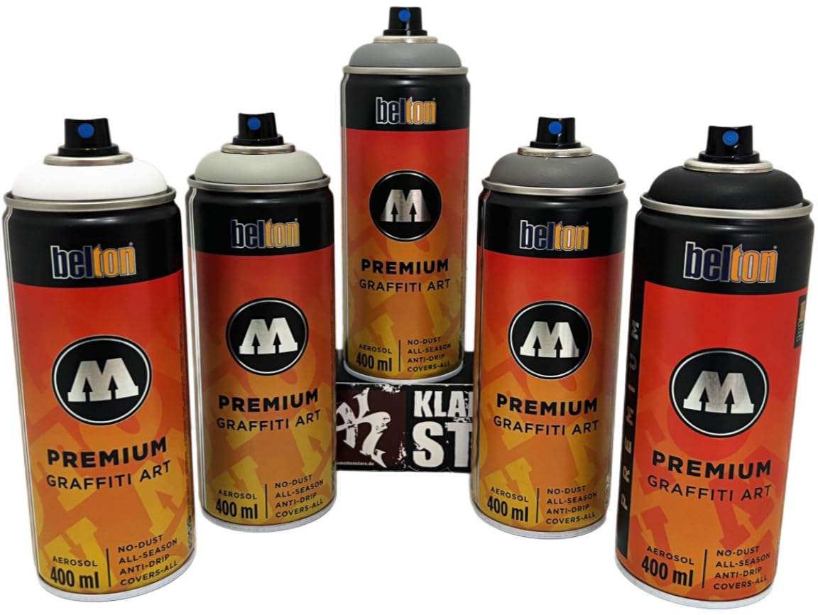 KLAMOTTEN STORE Molotow Premium - Pintura en aerosol en escala de grises + blanco y negro 5 x 400 ml para aficiones, artes y manualidades