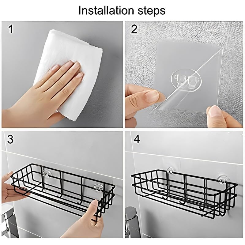 Image of Puno Heavy Duty Wall Mounted Steel Bathroom Shelf with 4 Hooks | Self-Adhesive Storage Organizer Rack | Waterproof & Rust-Resistant Wall Shelf for Kitchen, Bathroom & More (Black)