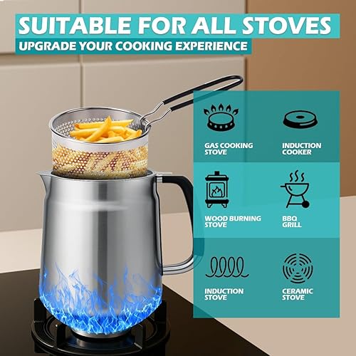 Miniatura 7 de Olla de filtro de aceite de acero inoxidable 304 de 68 onzas con filtro de aceite de malla fina y pinzas, mango resistente al calor, contenedor de
