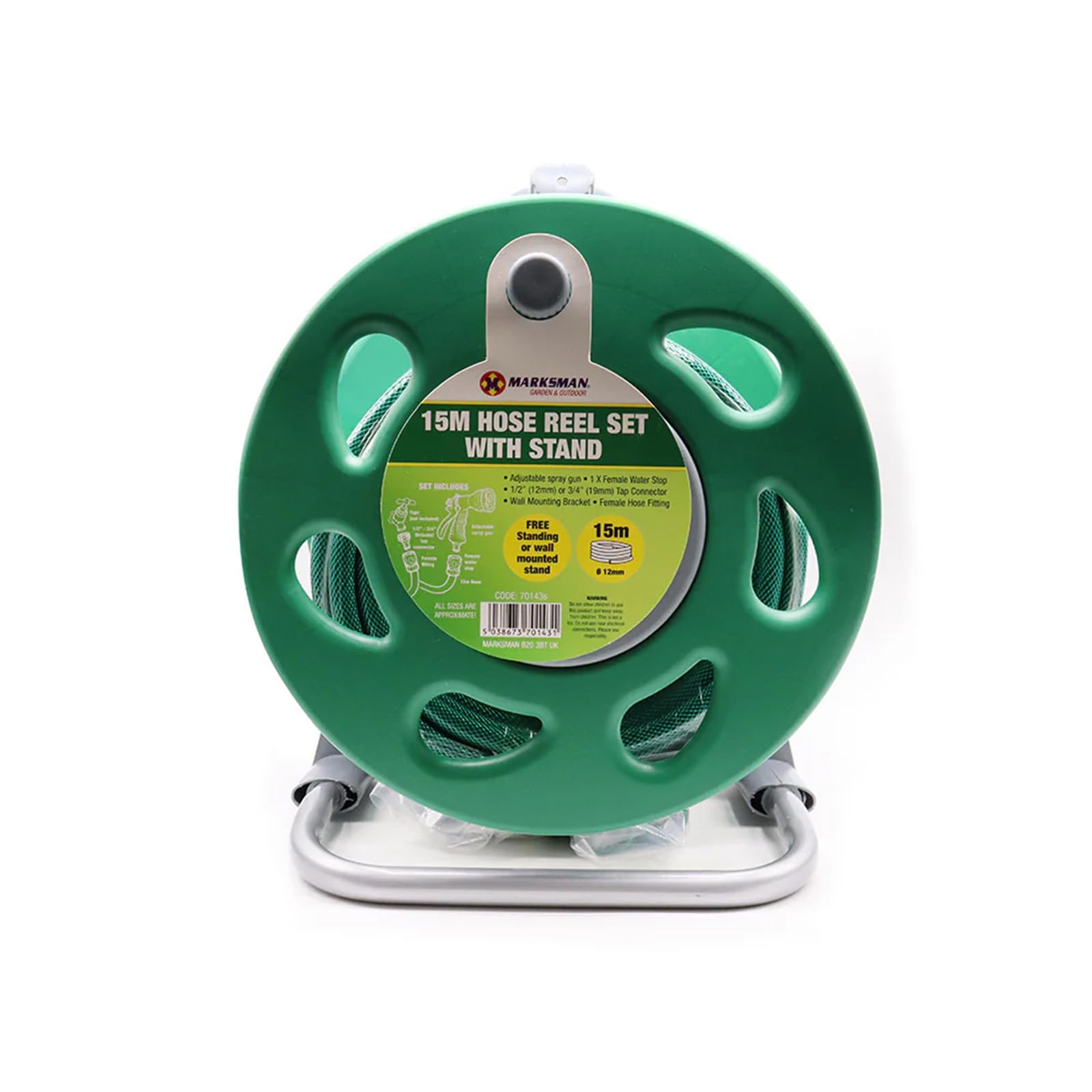 Garden Hose Reel Set with Stand & Wall Mount Bracket Hose Pipe Reel with Pattern Spray Gun Fittings & Tap Adapters Portable Watering Hose for Garden (15M)