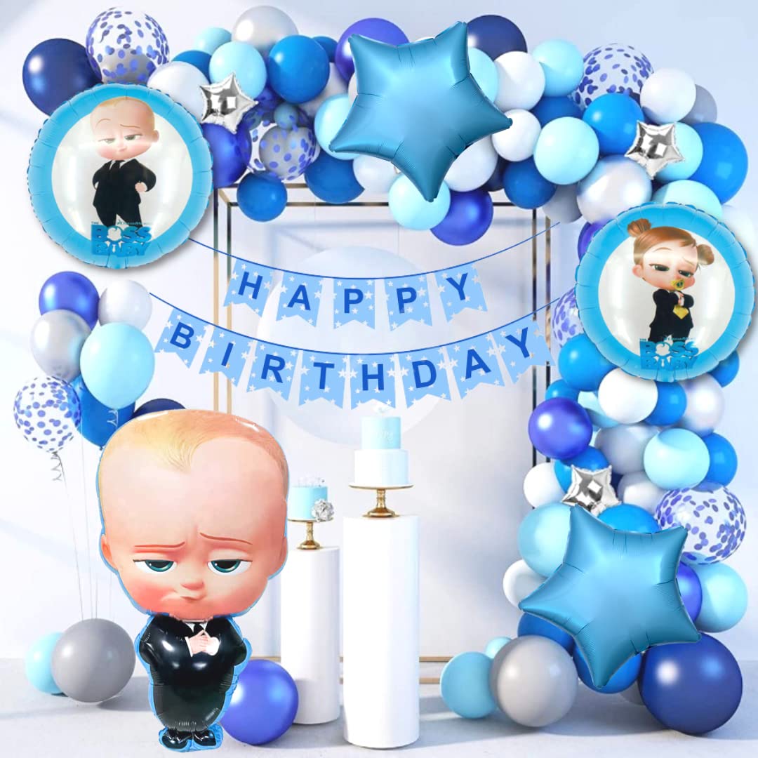 Party Town Boss Baby 75-Piece Balloon Pack | 32-Inch Foil + Metallic Latex Balloons, Birthday Paper Banner, Confetti
