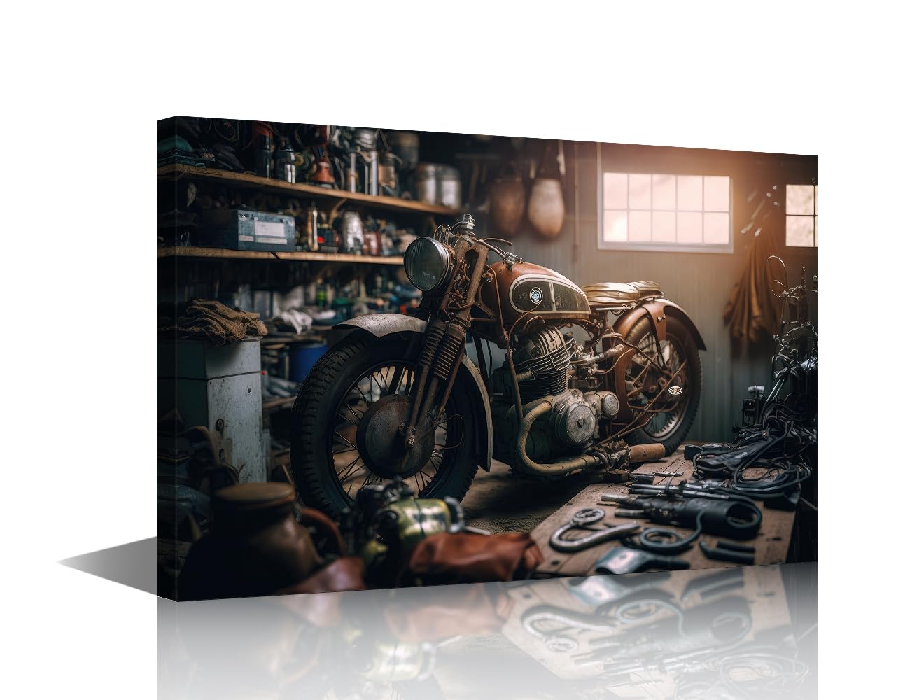 TISHIRON Old Motorcycle Wall Art for Bedroom Living Room Wall Decor Vintage Motor Poster Framed Ready to Hang Motorcycle Repair Picture for Man Wall Decor House Decorations 16" Wx24 Hx1 Panel