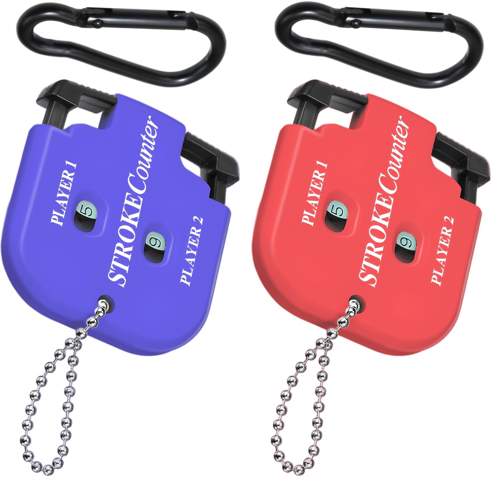 Mirrwin 2 Stück Golf Ergebnis Zähler, Golf Scorer Zähler mit 2 Karabiner Golf Ergebnis Indikator Handzähler Zähler Spieler Schlagzähler mit Schlüsselkette für 2 Players Score Counters(Rot und Blau