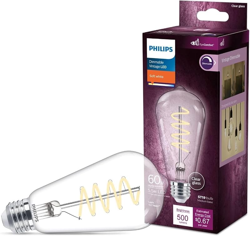 LED Vintage Flicker-Free Clear Spiral ST19 Dimmable, Eyecomfort Technology, 500 Lumen, Soft White(2700K), 5.5W=60W, Title 20 Certified, E26 Base, 1-Pack (565838)