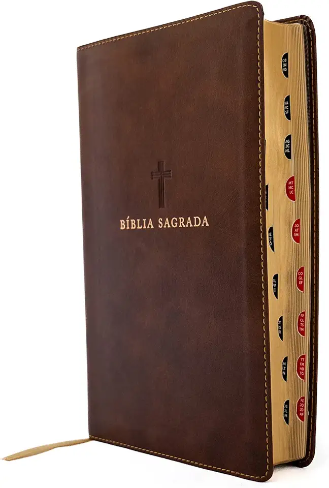 Bíblia NVI, Capa luxo marrom, Letras de Jesus em vermelho, Índice de dedo, Leitura Perfeita