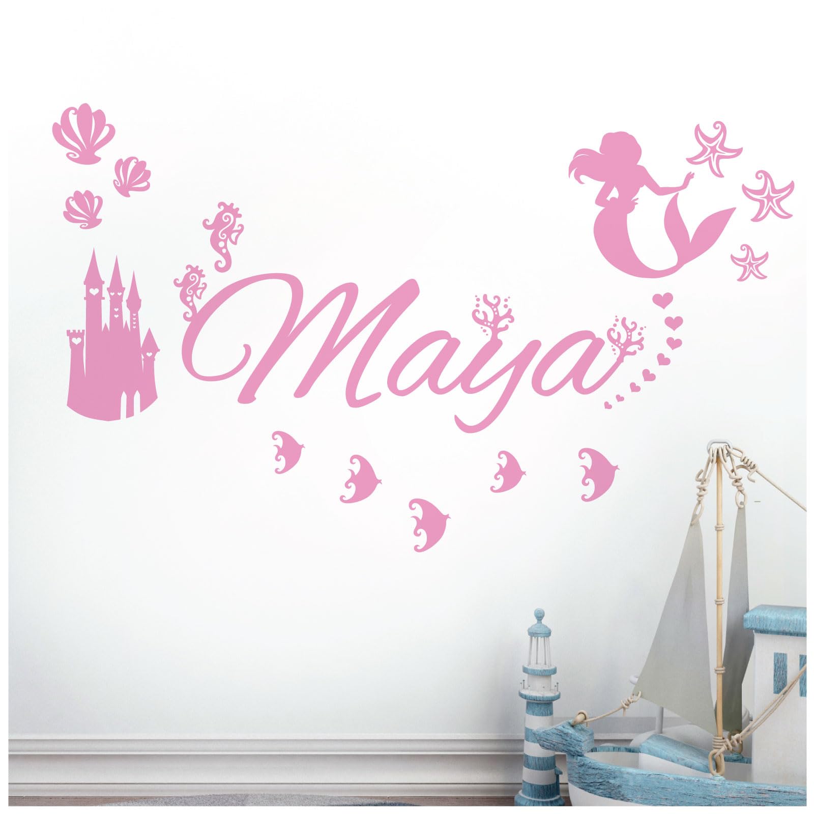 Personalised Name - Little Mermaid Inspired, Ocean, Castle, Starfish - Children's Bedroom Vinyl Wall Decal Sticker [Medium] [Pink] — image 1