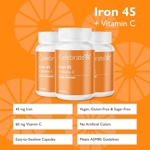 Miniatura 2 de Suplemento de hierro con vitamina C, 45 mg de hierro, 60 mg de vitamina C, vitaminas bariátricas para pacientes con WLS, manga vertical y cirugía de