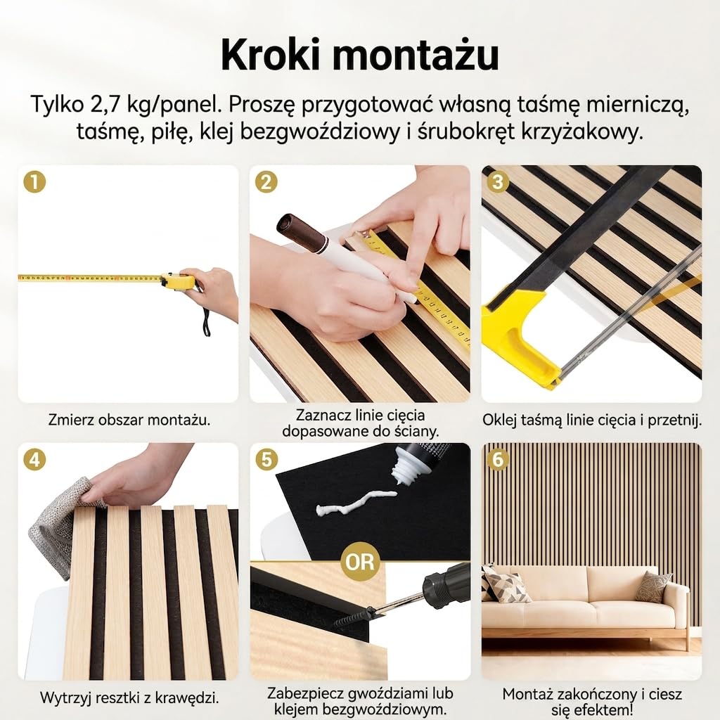 TONOR Drewniane panele akustyczne, 6 sztuk 240 x 20 cm – 2,88 m², panele ścienne, drewniane panele ścienne jako płyty wygłuszające, dekoracja ścienna z drewnianych lameli, izolacja akustyczna, do