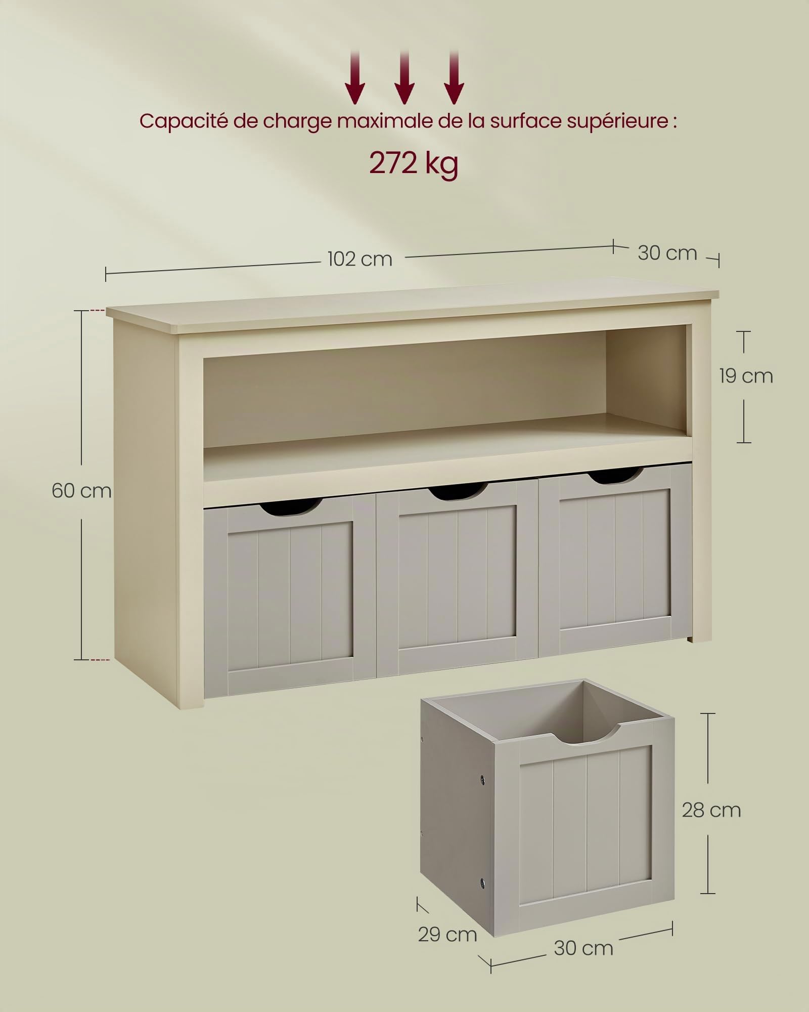 VASAGLE Meuble de Rangement pour Jouets, Étagère pour Enfants, Armoire, Commode, avec 3 Rangements à roulettes, pour Salon, Chambre, Salle de Jeu, 30 x 102 x 60 cm, Beige Sable LHS380K01