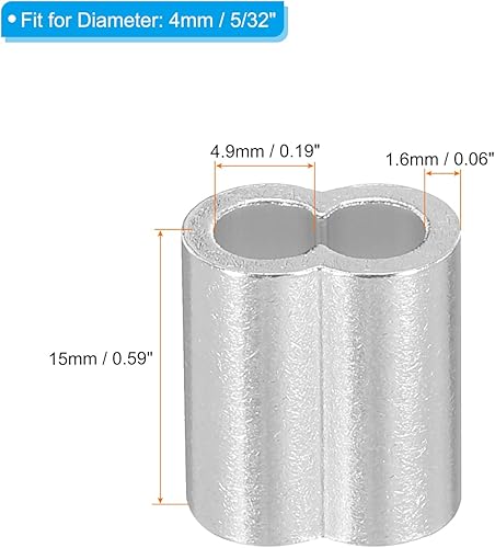 Miniatura 2 de uxcell 532 "0.157 in Aluminio Crimping Loop Sleeve Doble Virola para Cable Cable Cable Línea Extremo, Plata 50pcs