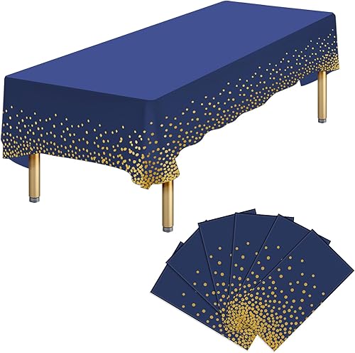 Paquete de 6 manteles de plástico desechables de color azul y dorado, 54 x 108 pulgadas, mantel rectangular de plástico desechable para graduación,