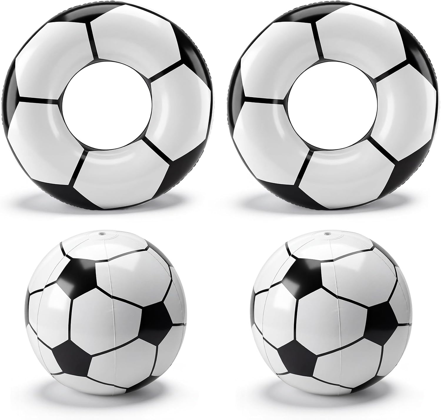 Soulchen 4 Pcs Soccer Inflatable Pool Floats Soccer Swimming Rings with 27" Inflatable Beach Balls Sports Theme Swim Tubes Rings for Adult Summer Sports Ball Decor Swimming Pool Beach Game