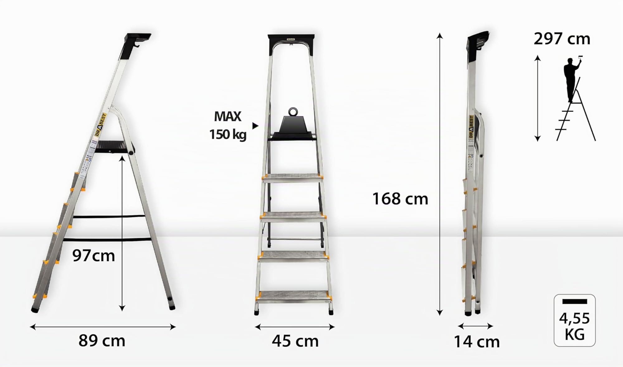 Drabest Escabeau en Aluminium 5 Marches 150 KG - Escabeau en Aluminium avec Pieds Antidérapants Et Plate-Forme De Travail - Échelles Multifonctions - 45 X 168 X 12 Cm